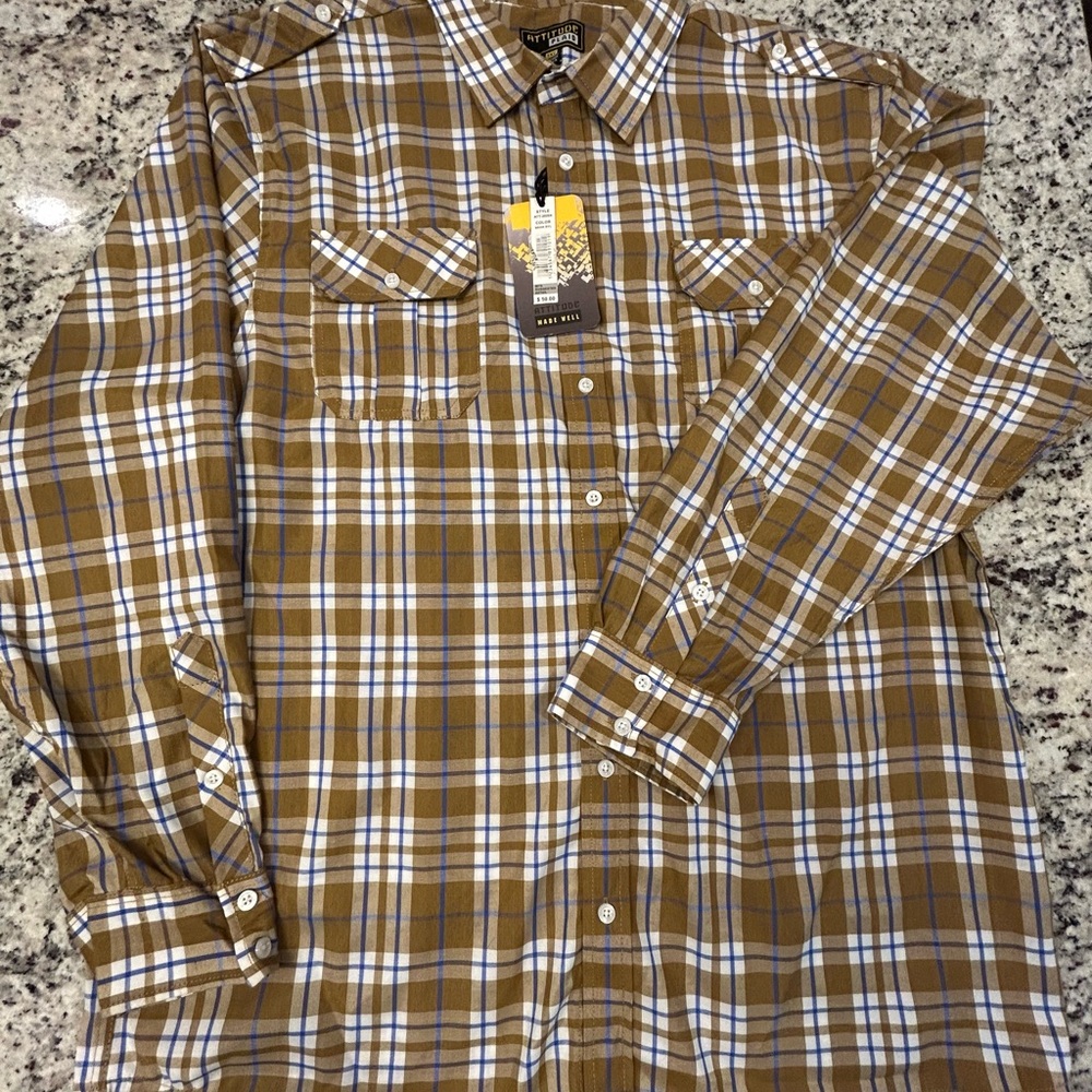 Attitude Plaid Men's Tan and White Plaid Shirt NWT‎